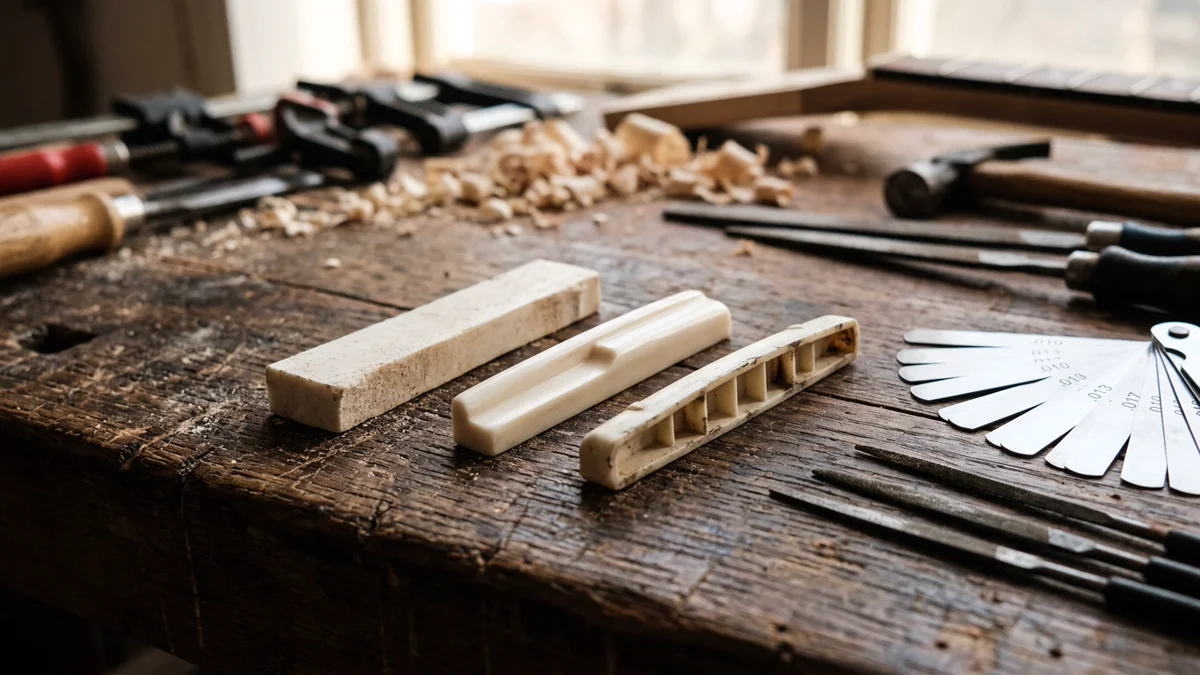 Hand-carved unbleached bone saddle compared with a factory moulded plastic saddle on a luthier bench