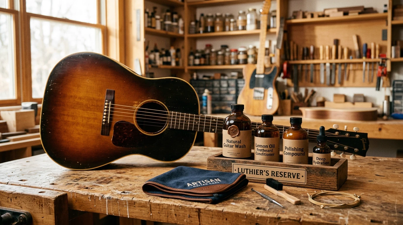 Artisan Guitar Care Kit and Botanical Polishing Liquids on Luthier Workbench