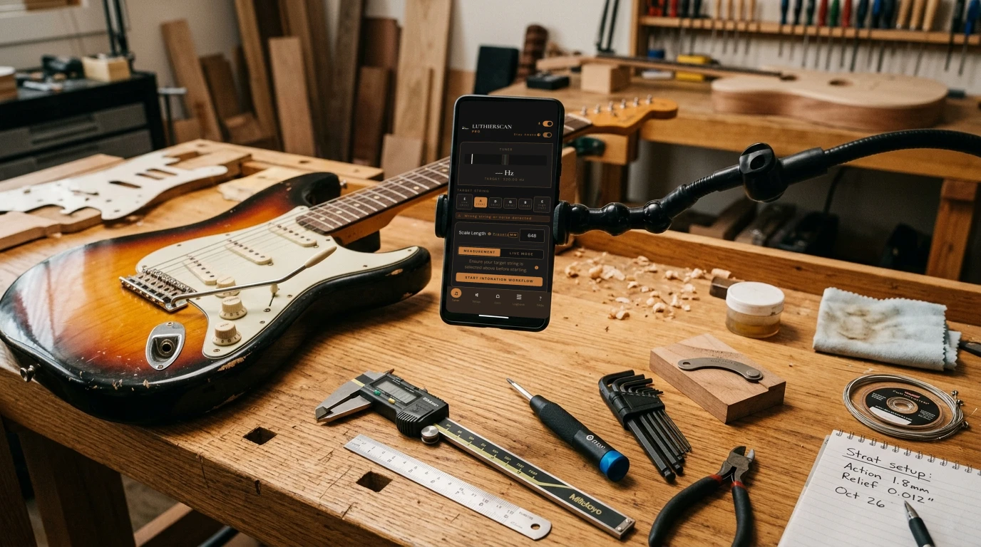 Luthier adjusting electric guitar bridge saddle alongside LuthierScan Pro strobe display