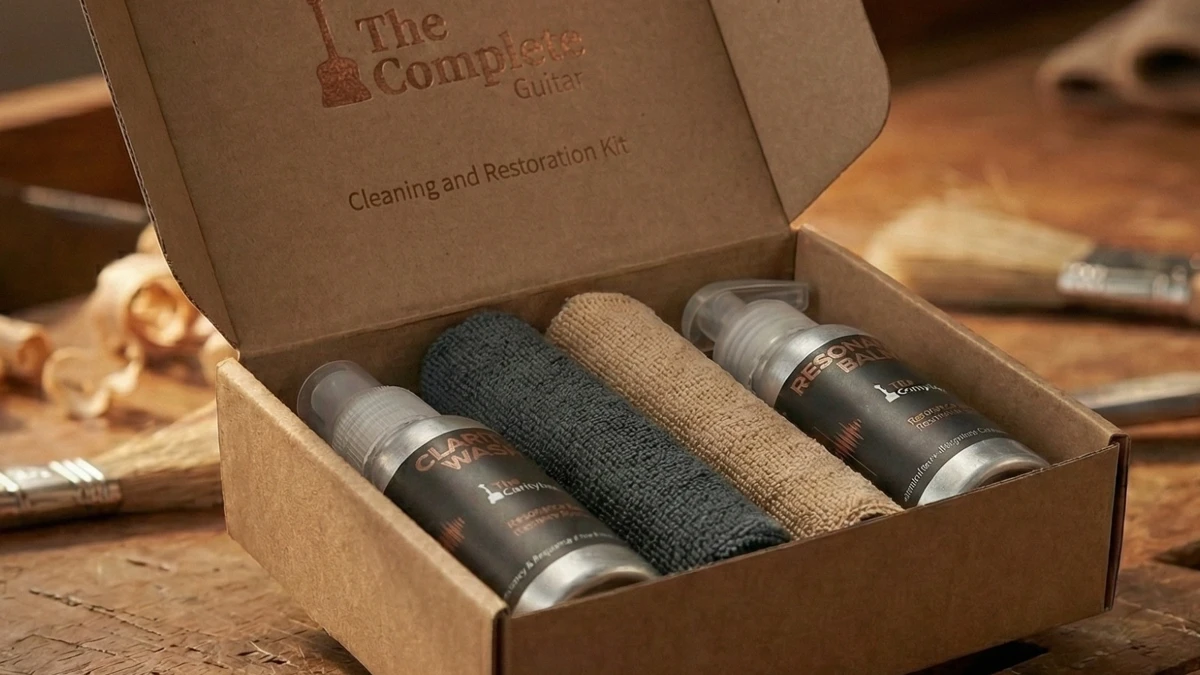 The Complete Guitar Care Kit open on a luthier workbench with amber bottles of Resonance Balm and Clarity Wash